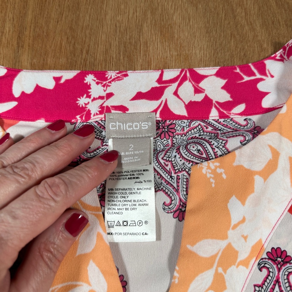 Chico's Blouse Women 2(L) Pink Orange Paisley Floral Tie Front Lightweight Sheer - Picture 6 of 9